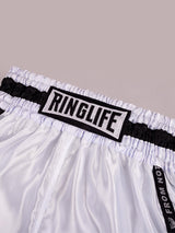 RINGLIFE Muay Thai Shorts, Label, weiß