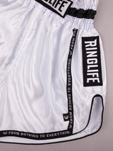 RINGLIFE Muay Thai Shorts, Label, weiß