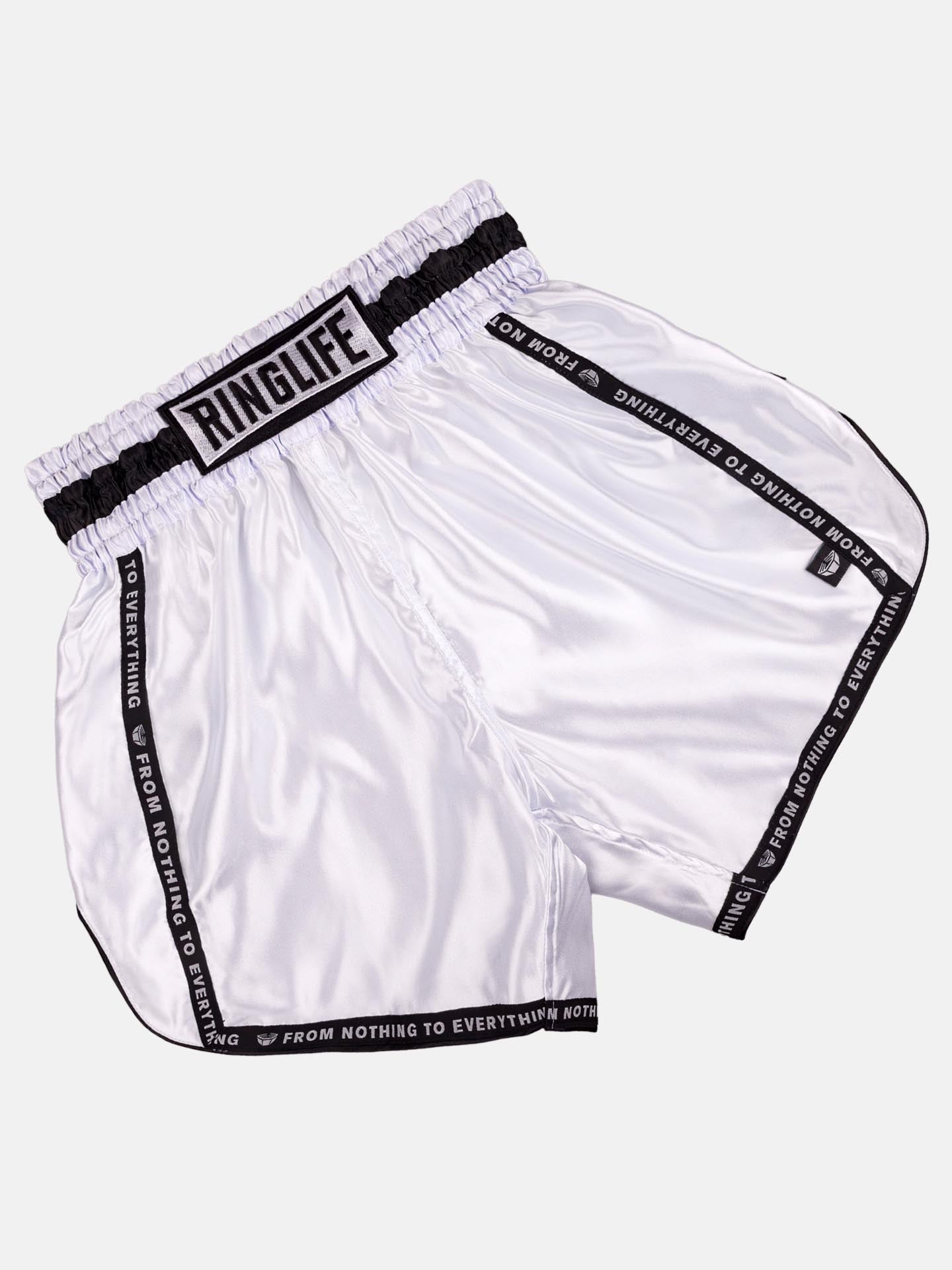 RINGLIFE Muay Thai Shorts, Label, weiß