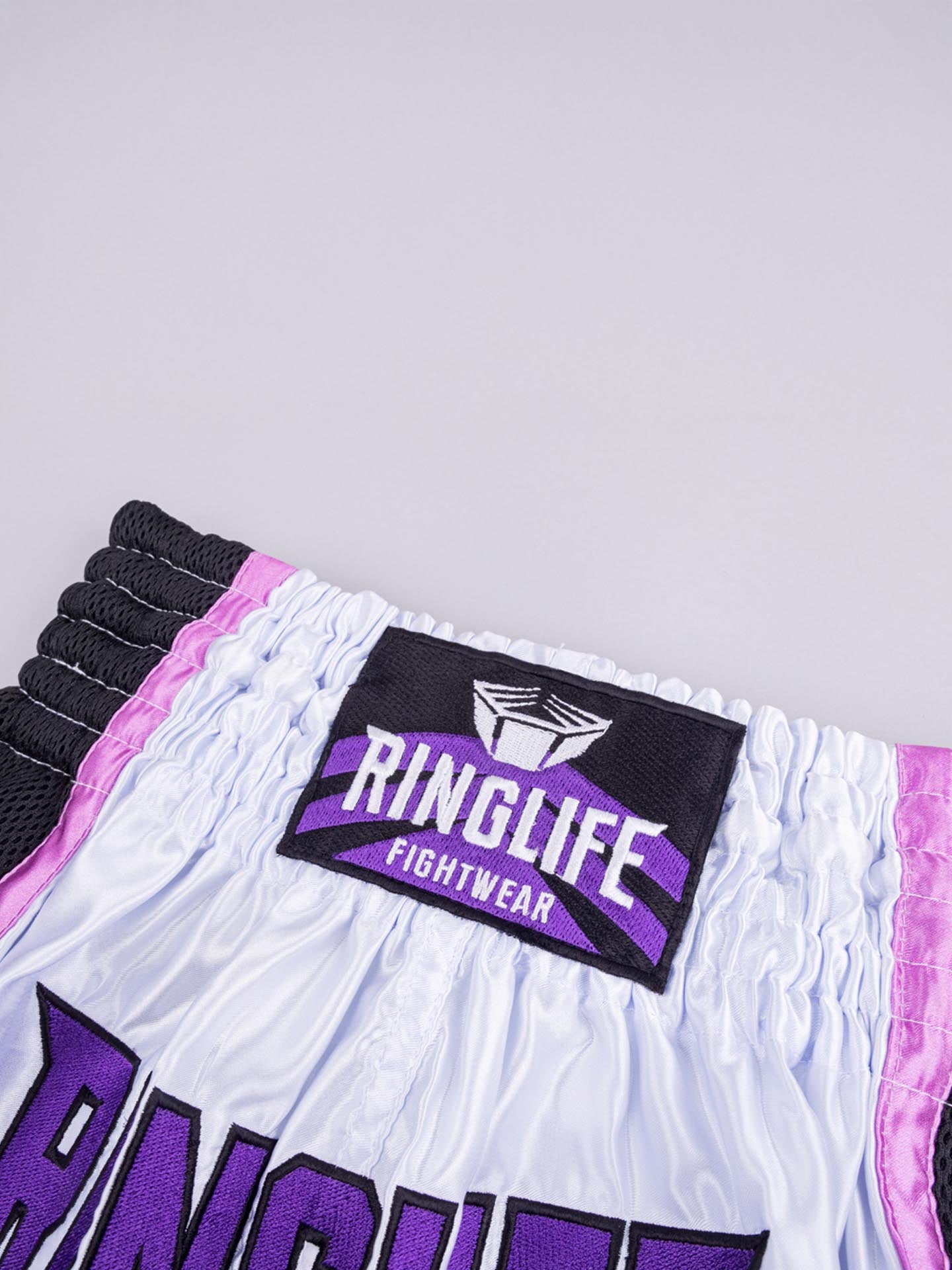 RINGLIFE Muay Thai Shorts, Unit, weiß-lila-camo